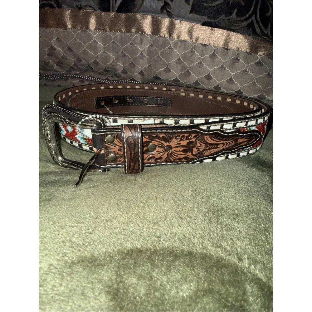 New Ariat Aztec‎ Bead Leather Belt Basketweave Belt A1040402 Mens Sz 42 Cowboy